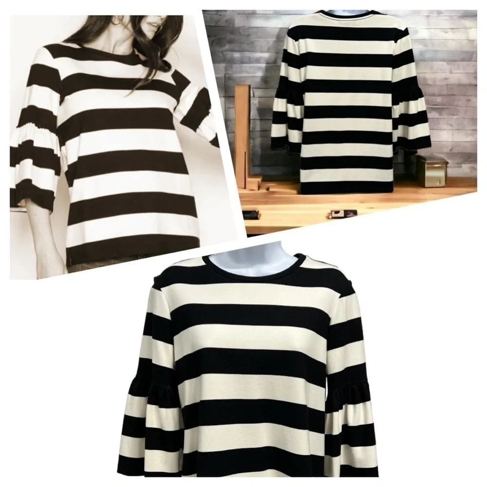 Lauren Ralph Lauren Black/Ivory Stripe Bell Sleeve Top size S